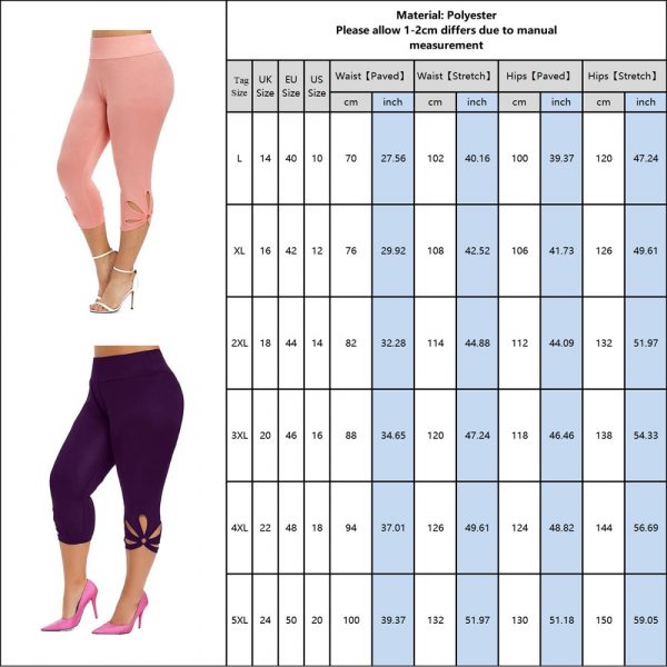 Plus Size Capri Leggings Size Chart
